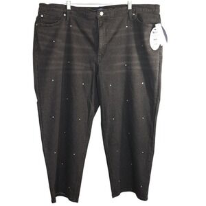 Scoop Women's Low Slung Relaxed Cropped Jeans 20W Black‎ Pleated Rhinestones